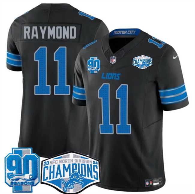 Mens Detroit Lions #11 Kalif Raymond Black 2024 NFC North Champions 90th Anniversary Patch F.U.S.E. Vapor Limited Stitched Jersey